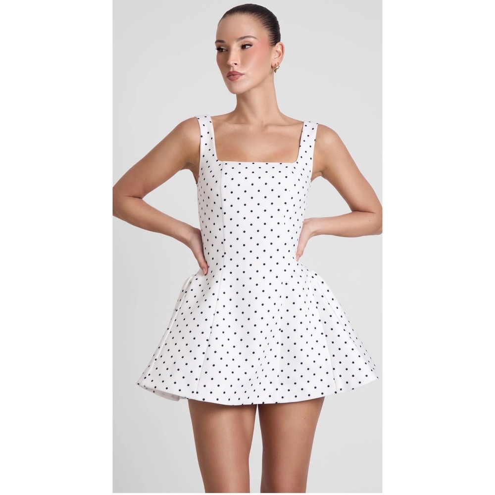 LEAU Ysabelle‎ Babydoll Corset Mini Dress Polka Dot White Black-XL